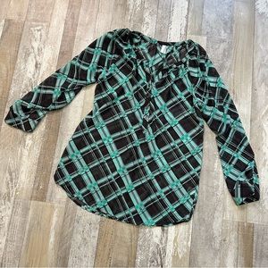 Women’s Vanity Sheer Teal & Black Career Blouse - Size Medium